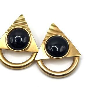 Art Deco Triangular Brass Black Cabochons Earrings 2in